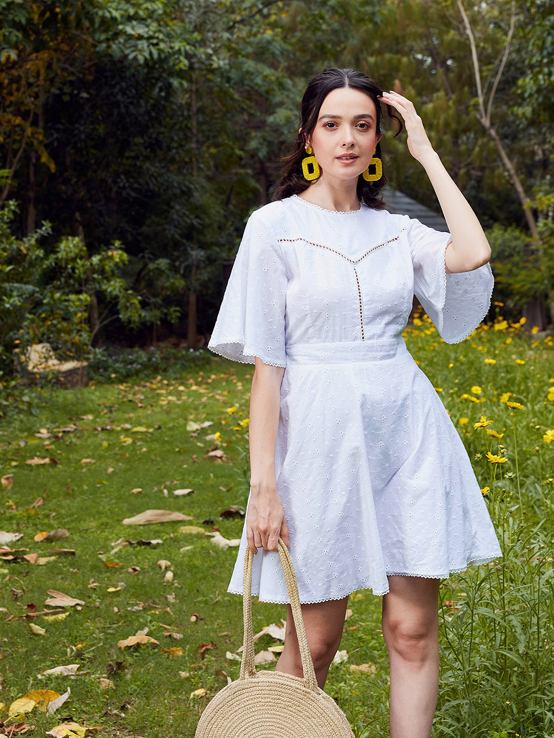 SASSAFRAS White Self Design Schiffli Pure Cotton Fit & Flare Mini Dress