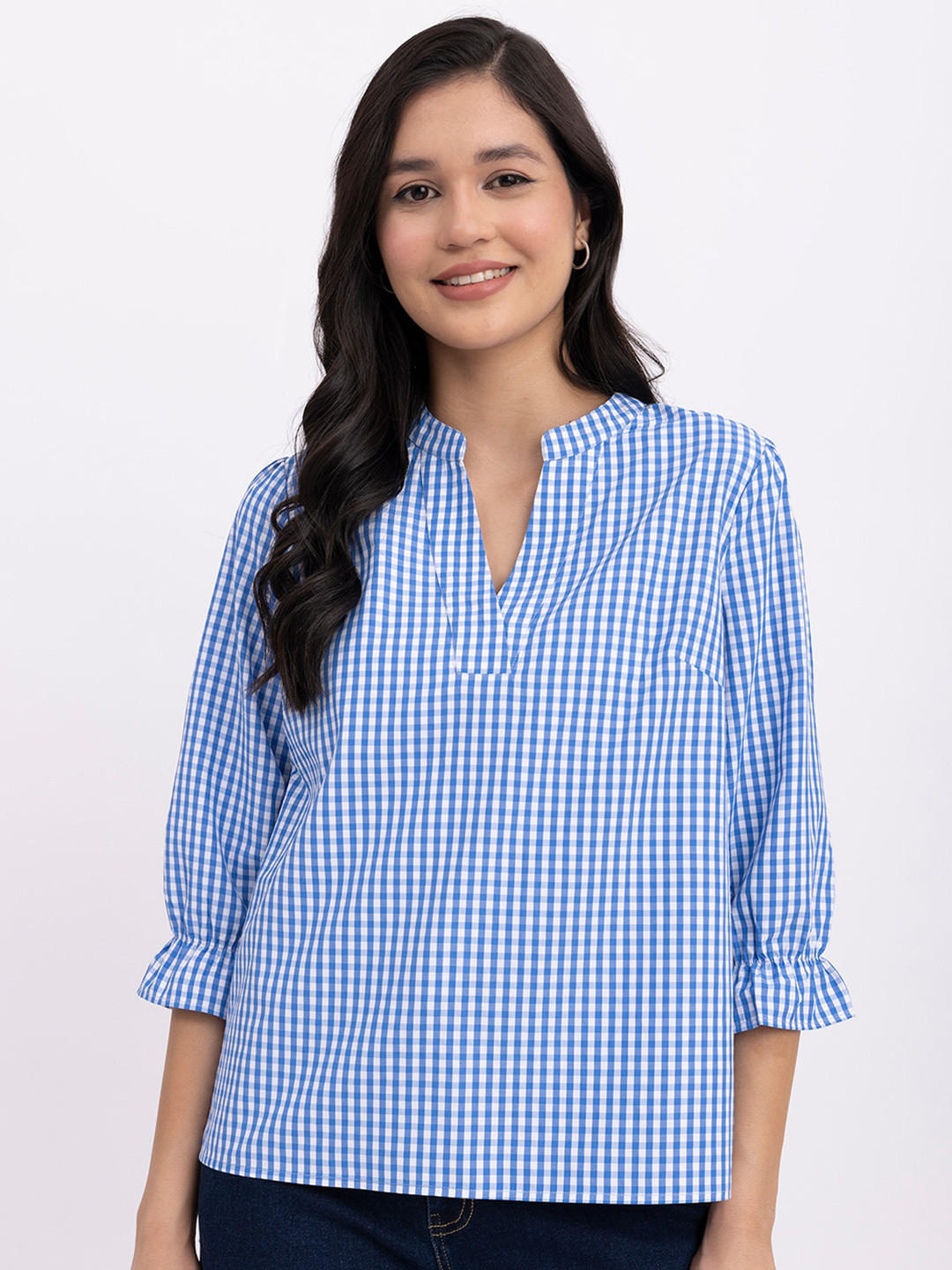 FABLE STREET Blue Checked Mandarin Collar Cotton Top