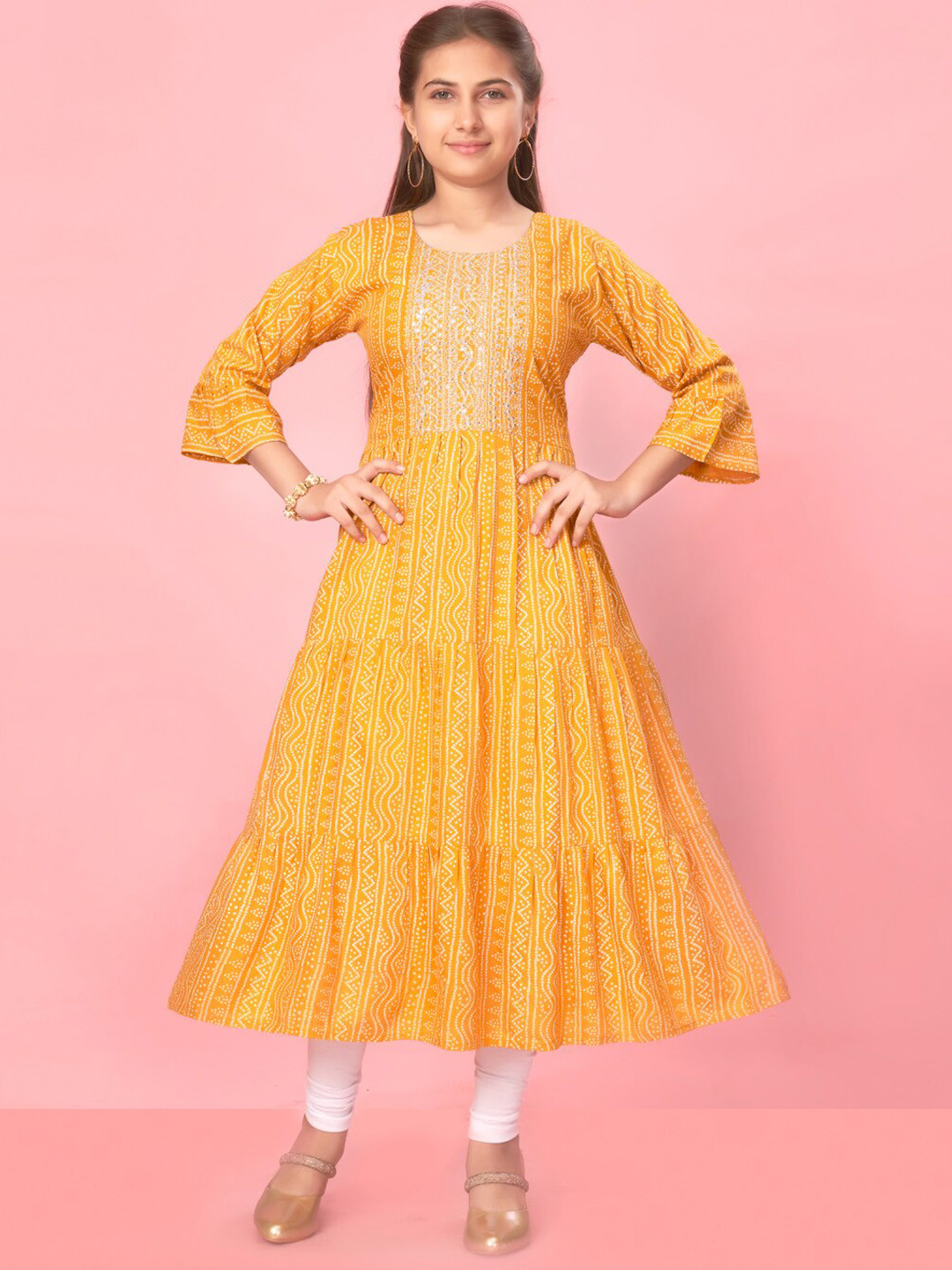 Muhuratam Girls Bandhani Printed Tiered Anarkali Kurta