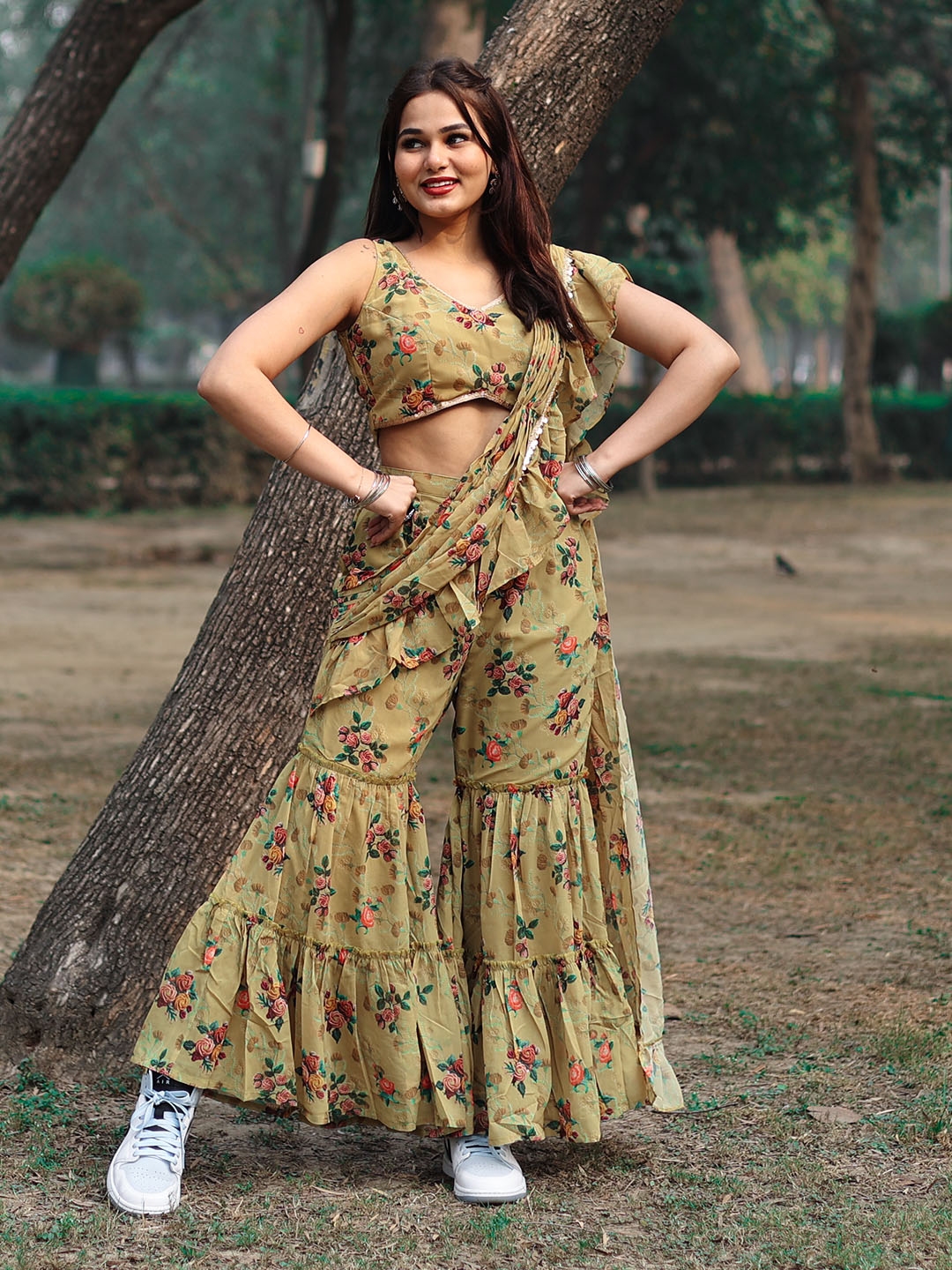 Buy Libas Floral Sequinned Pure Georgette Palazzo Saree Sarees for Women 22925936 Myntra