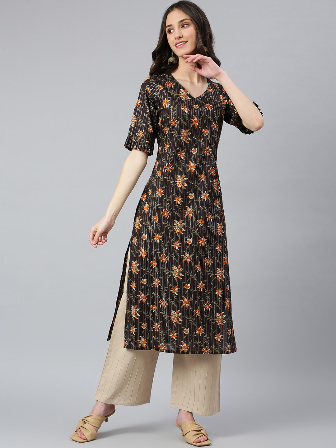 Idalia V-Neck Floral Printed Straight Pure Cotton Kurta