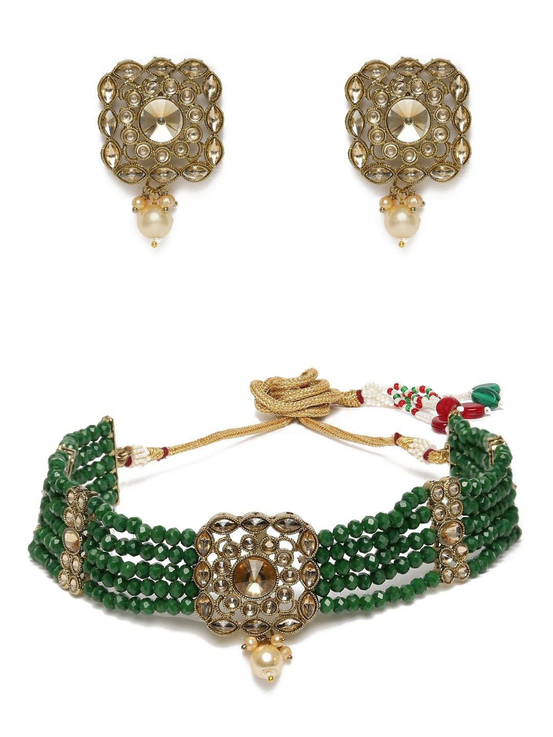 AccessHer Gold-Plated Kunndan-Studded & Beaded Brass Jewellery Set