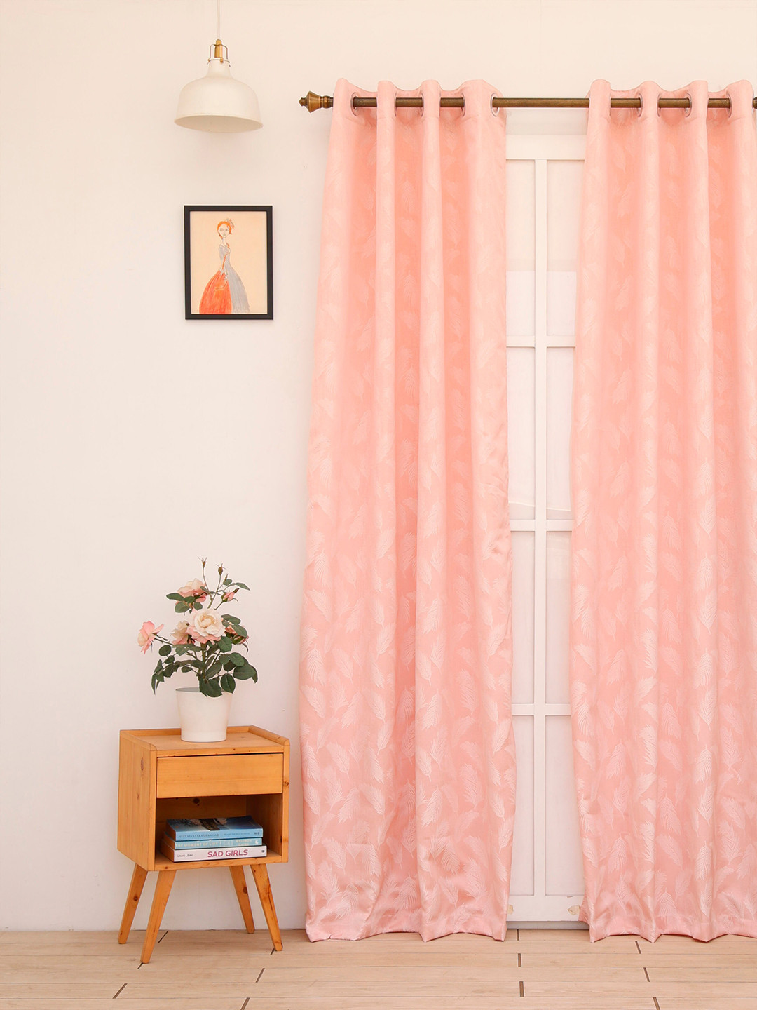 Ariana Pink & White Feather Design Black Out Long Door Curtain