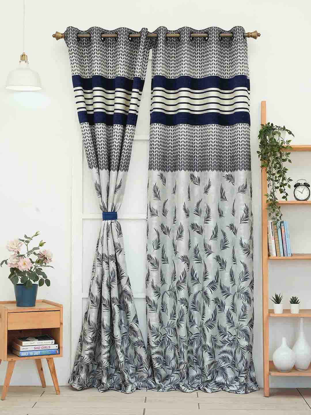 Ariana Navy Blue & White 1 Pieces Floral Room Darkening Door Curtain