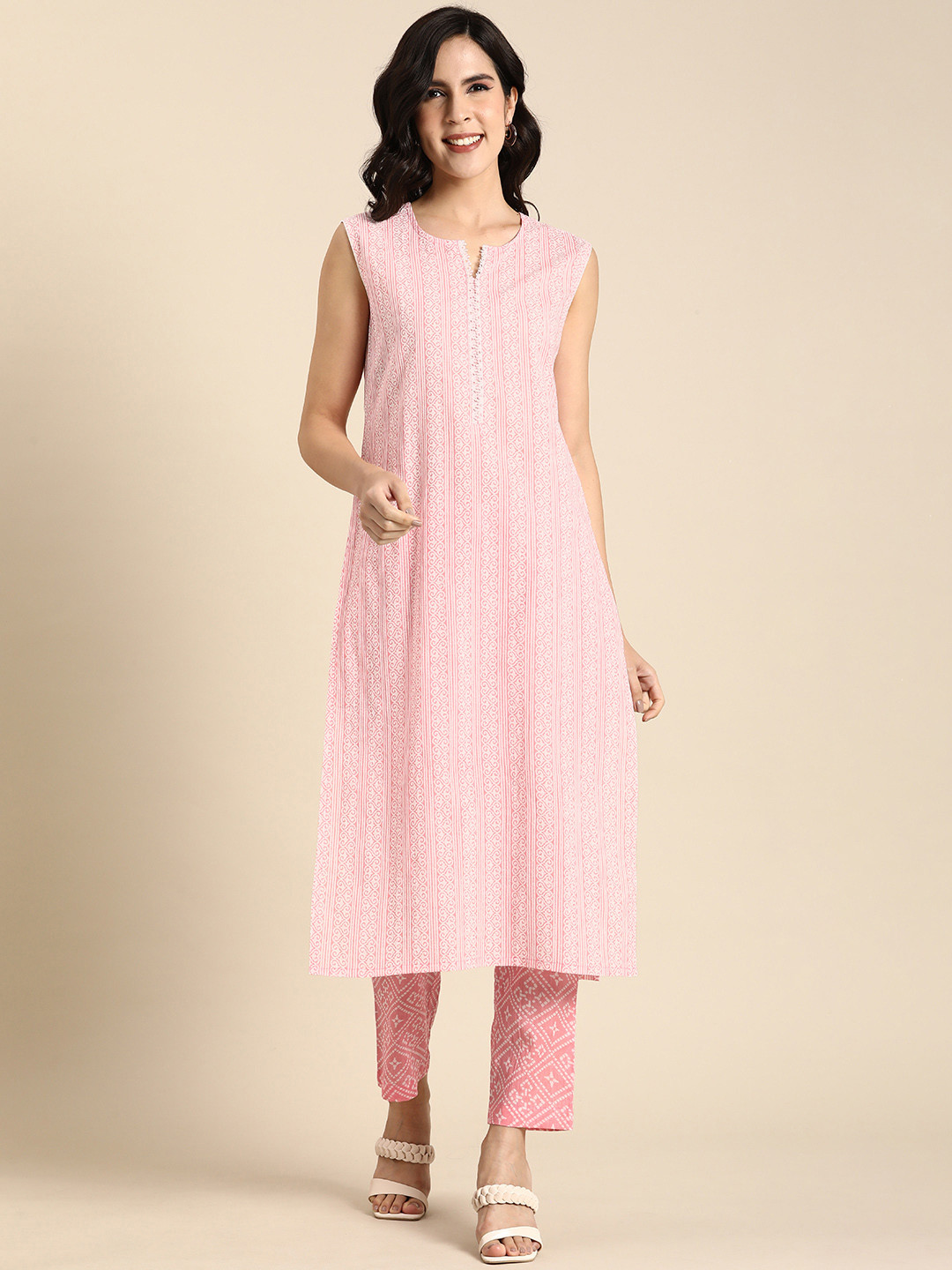 Anouk Ethnic Motifs Printed  Cotton Lace Insert Kurta with Trousers