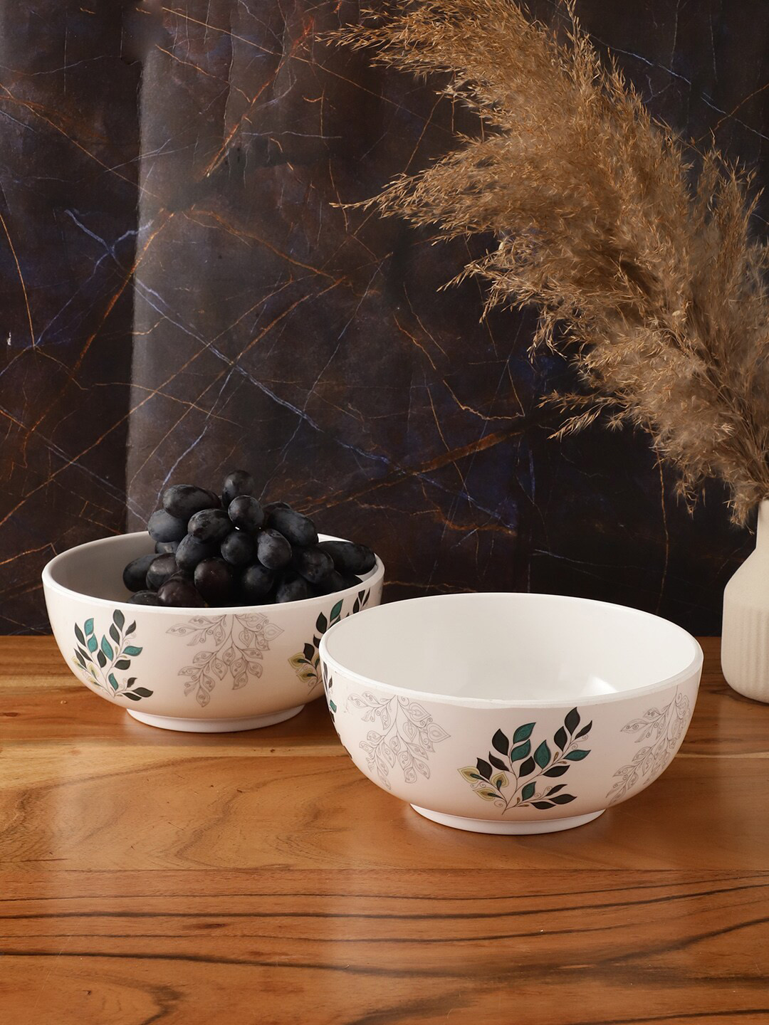 CDI White & Green 2 Pieces Floral Melamine Round Serving Bowls - 1000 ML Each