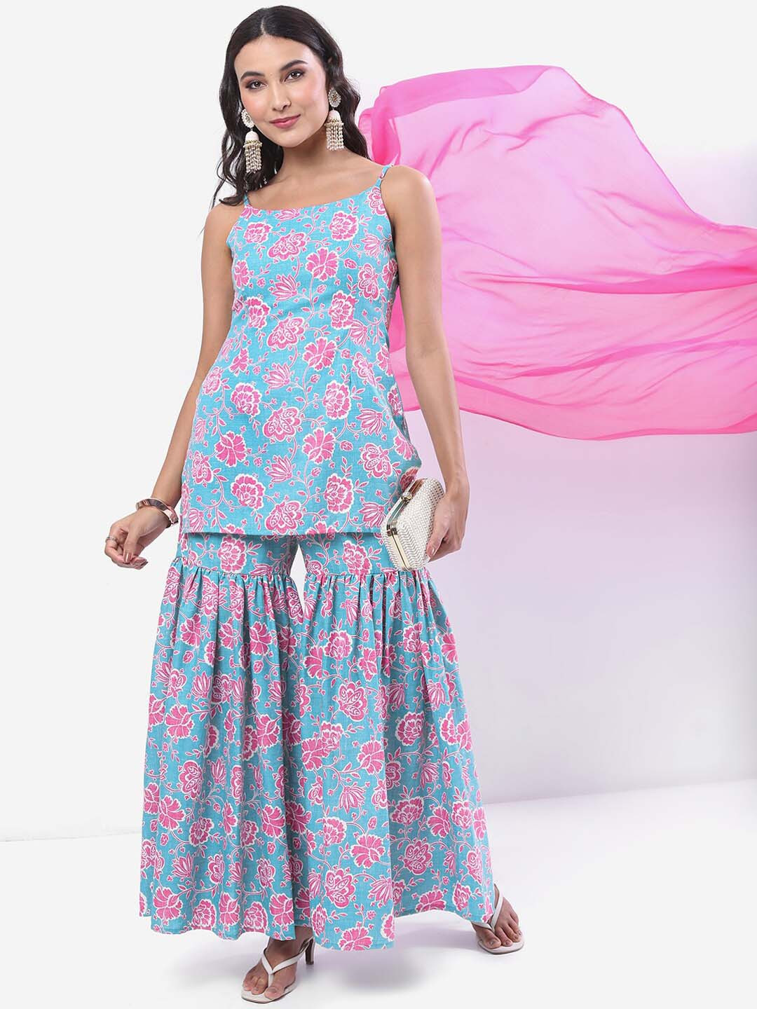 Vishudh Blue & Pink Floral Printed Shoulder Straps Kurti With Sharara & Dupatta