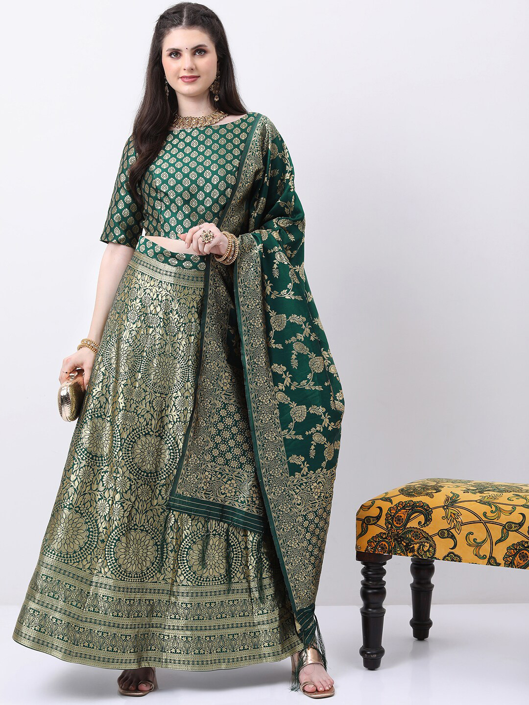 Vishudh Green Ethnic Motifs semi-stitched Blouse and Lehenga & Blouse With Dupatta