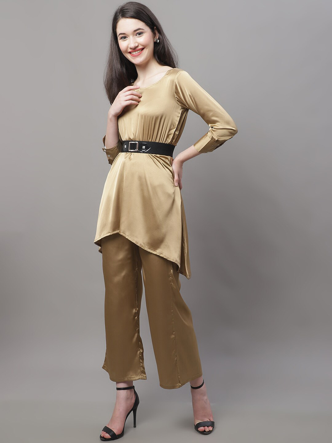 JAINISH Women Satin Top And Palazzo With Belt