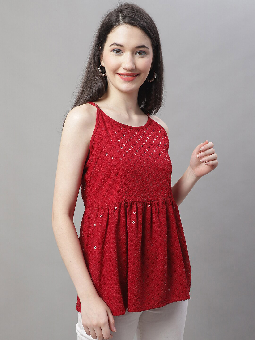 JAINISH Red Floral Embroidered Sequinned Empire Top