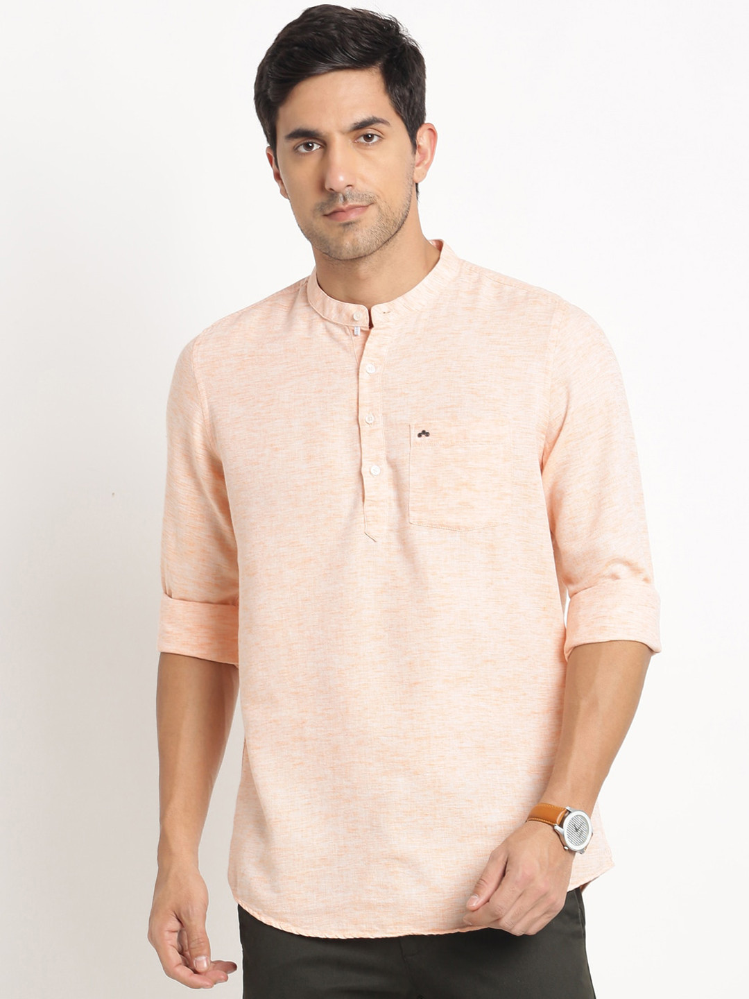 Turtle Mandarin Collar Roll Up Sleeves Short Kurta