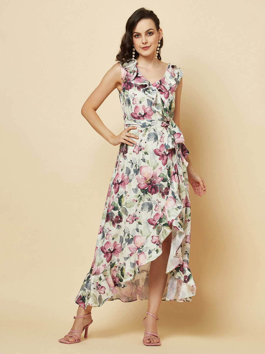 RAASSIO Floral Printed Ruffled Wrap Maxi Dress With Belt