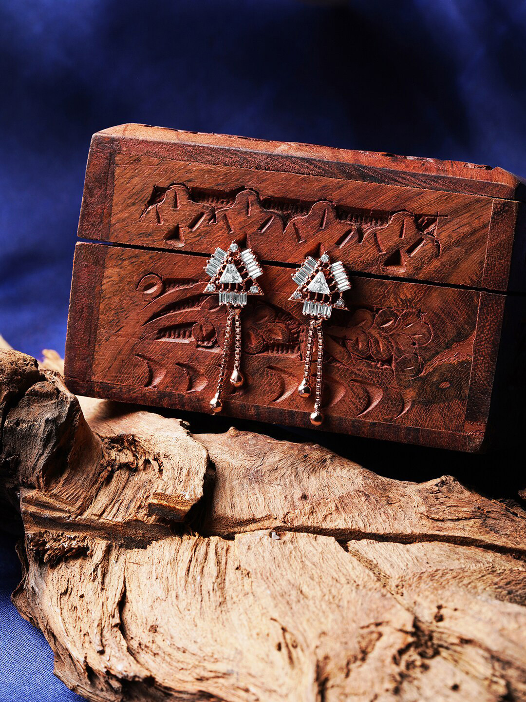 DressBerry Rose Gold-Plated Triagular Zircon Studded Drop Earrings