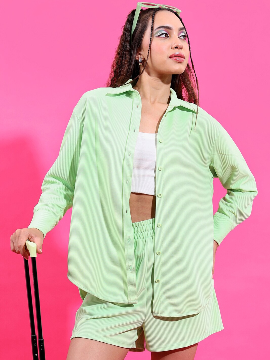 Tokyo Talkies Women Green Knitted Shirt With Shorts Set - Co Ords for Women 22930032 | Myntra