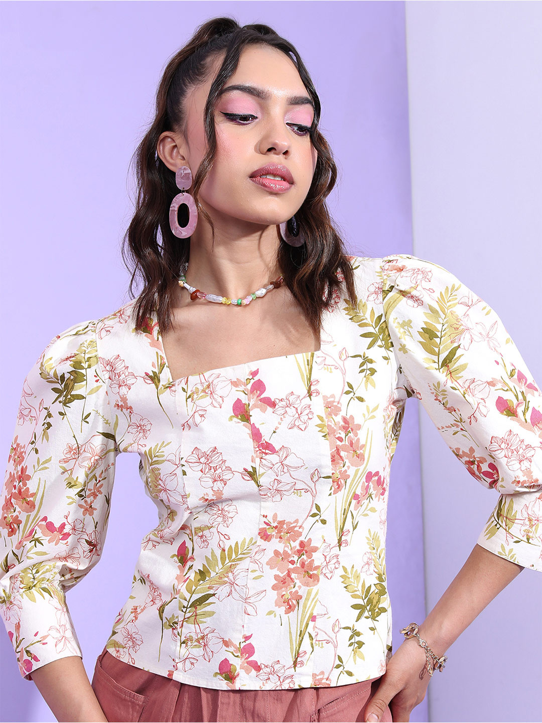 Tokyo Talkies Floral Printed Square Neck Puff Sleeve Organza Top