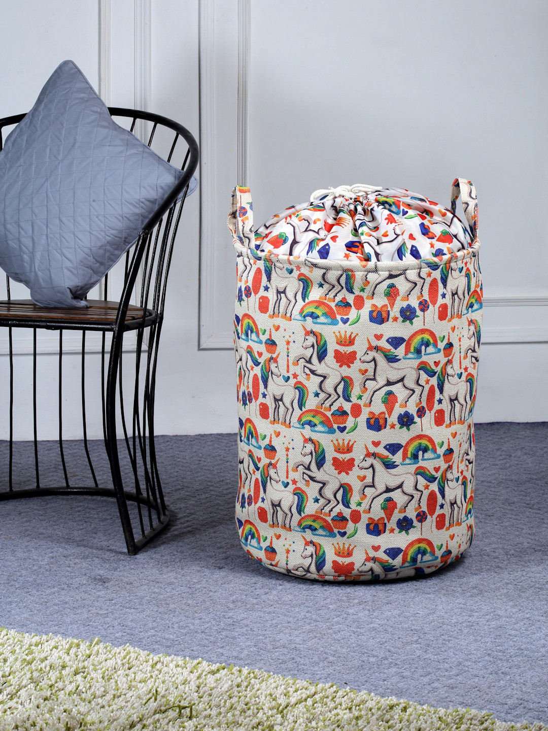 FABINALIV White & Orange Coloured Cartoon Printed Foldable Laundry Bag