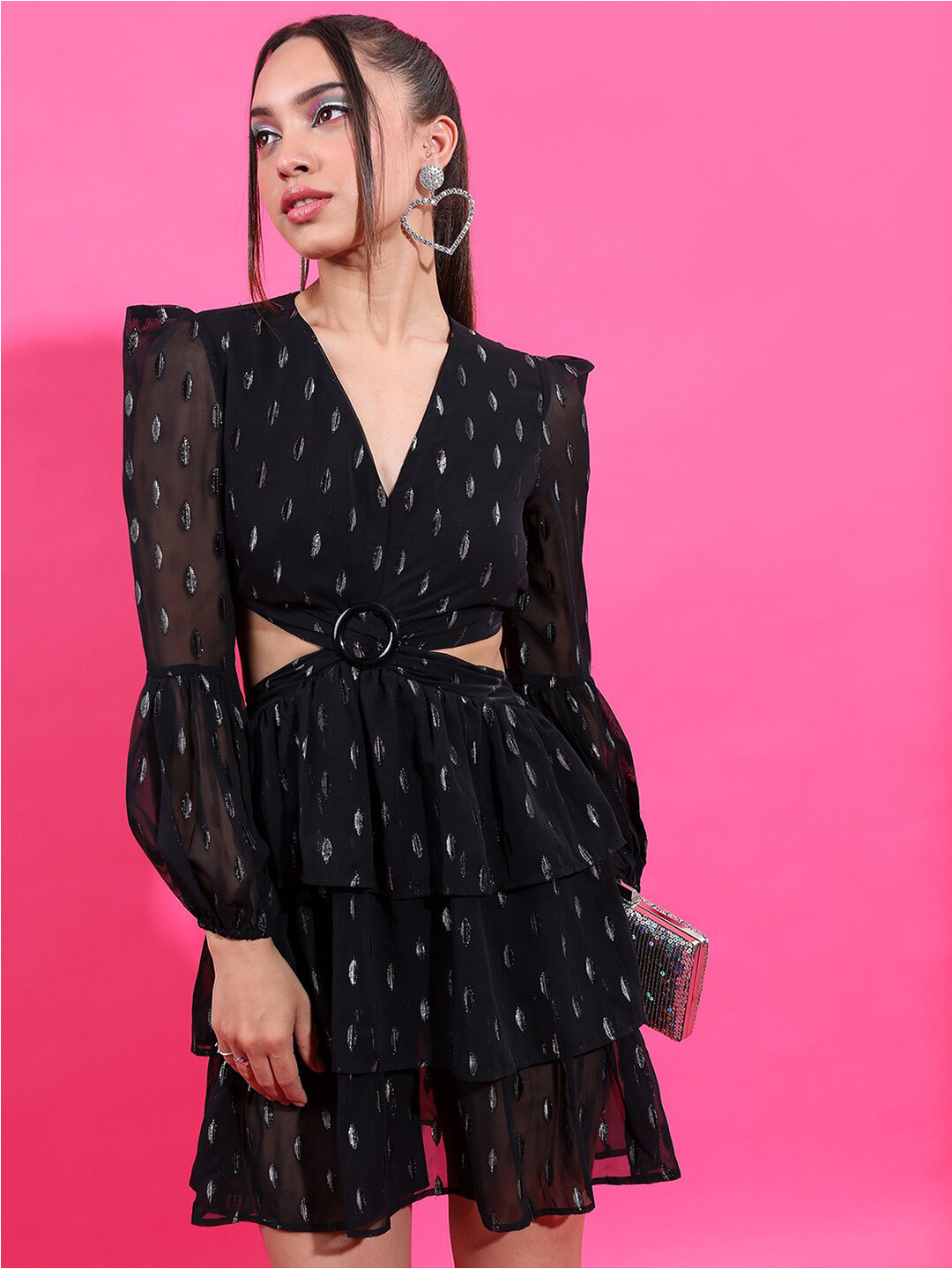 Tokyo Talkies Black Printed Puff Sleeve Fit & Flare Mini Dress