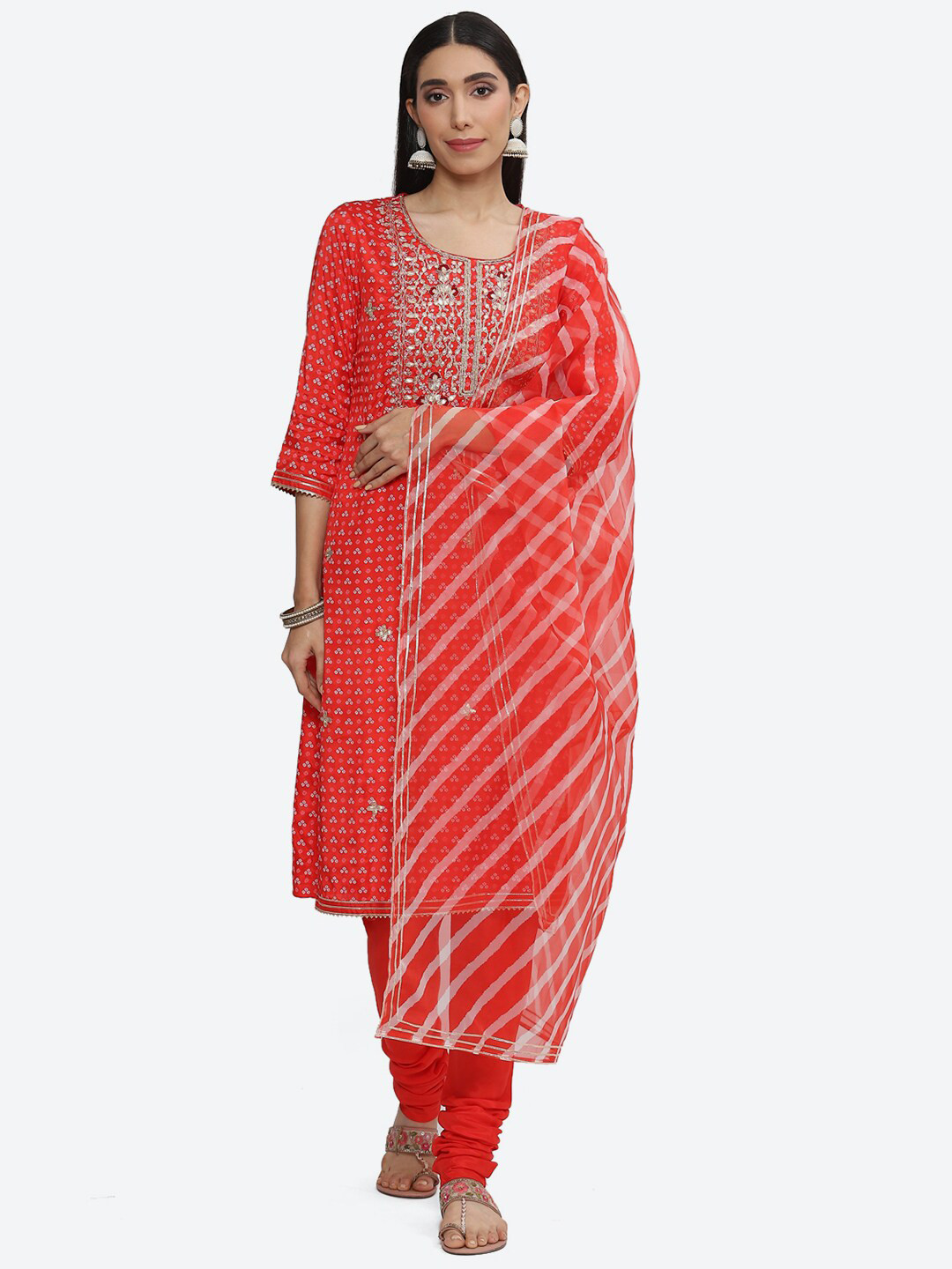 Biba Bandhani Printed Gotta Patti Zari Kurta with Churidar & Dupatta
