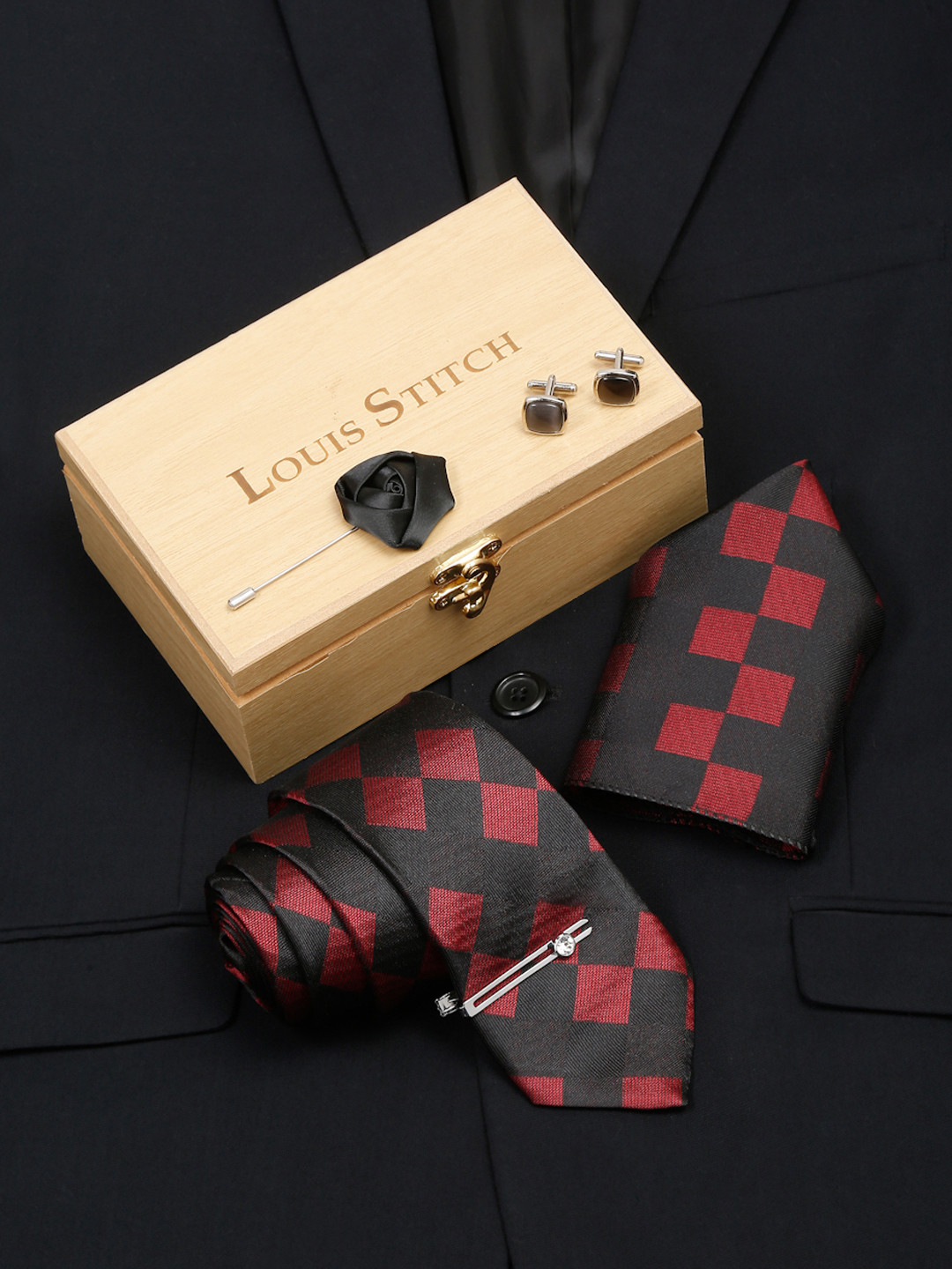LOUIS STITCH Men Black and Red Italian Silk Necktie Accessory Gift Set
