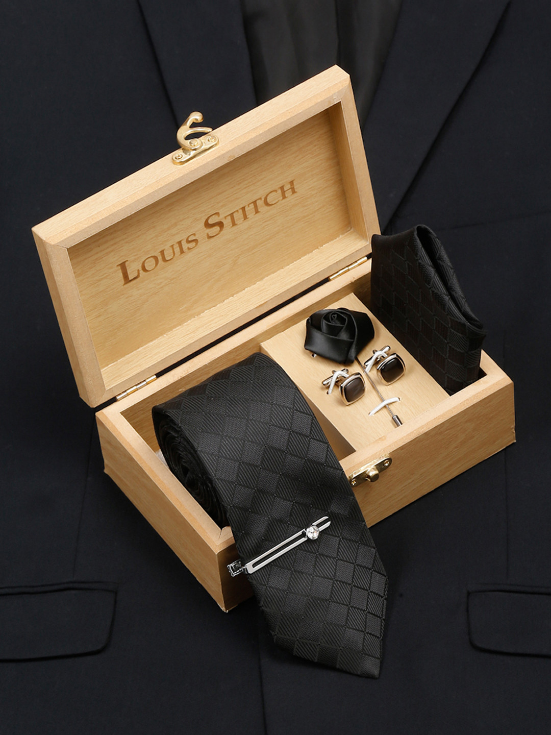 LOUIS STITCH Men's Sable Black Italian Silk Necktie Accessory Gift Set