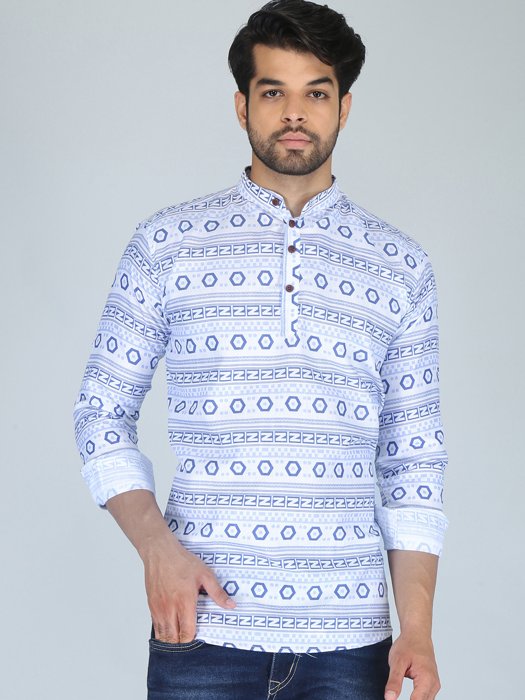FUBAR Mandarin Collar Tribal Printed Short Kurta