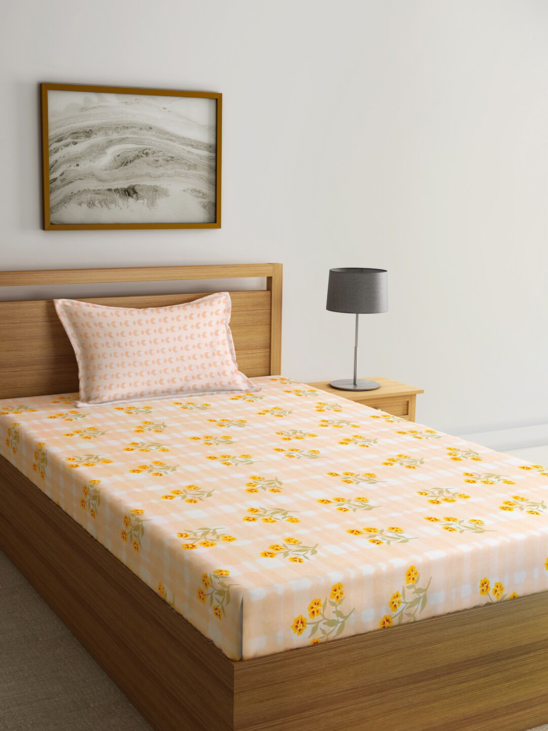 KLOTTHE Traditional Orange Floral Polycotton 300 TC Fitted Single Fine Bedsheet with a Pillow Cover-220 x 150 cm