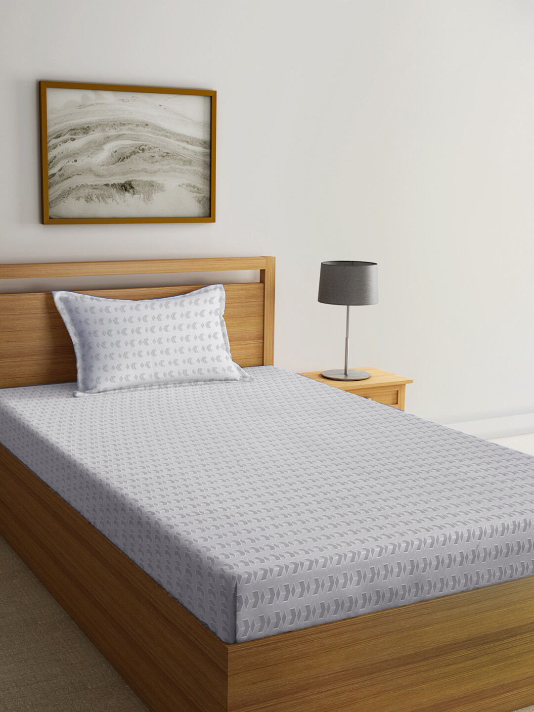 KLOTTHE Grey & White Fitted Printed 300 TC Single Bedsheet & 1 Pillow Cover