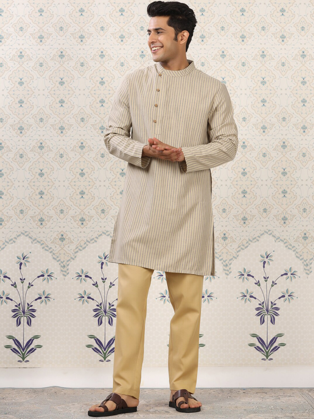 Ode by House of Pataudi Beige Striped Kurta with Pyjamas