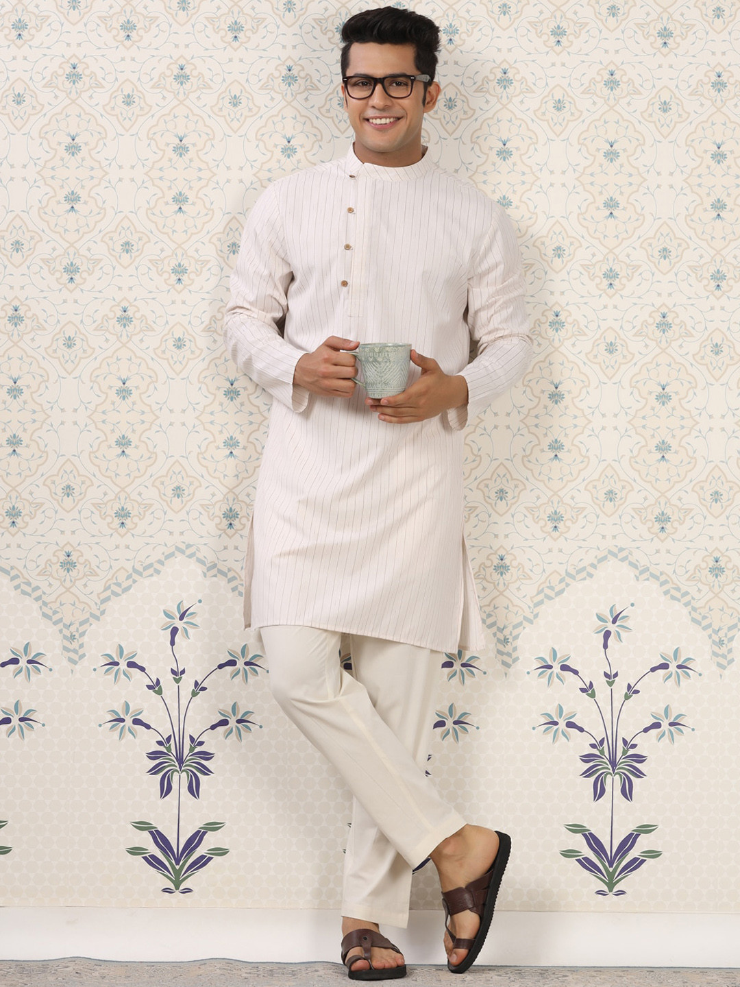Ode by House of Pataudi Cream-Color & Pink Striped Kurta with Pyjamas