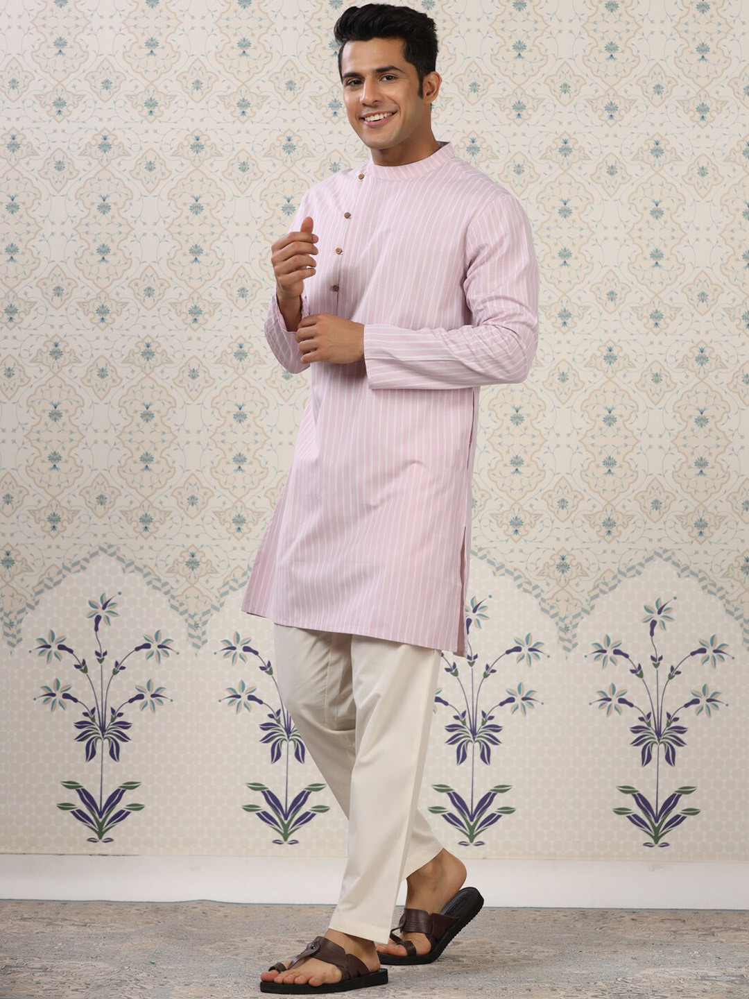 Ode by House of Pataudi Pink & White Striped Kurta with Pyjamas