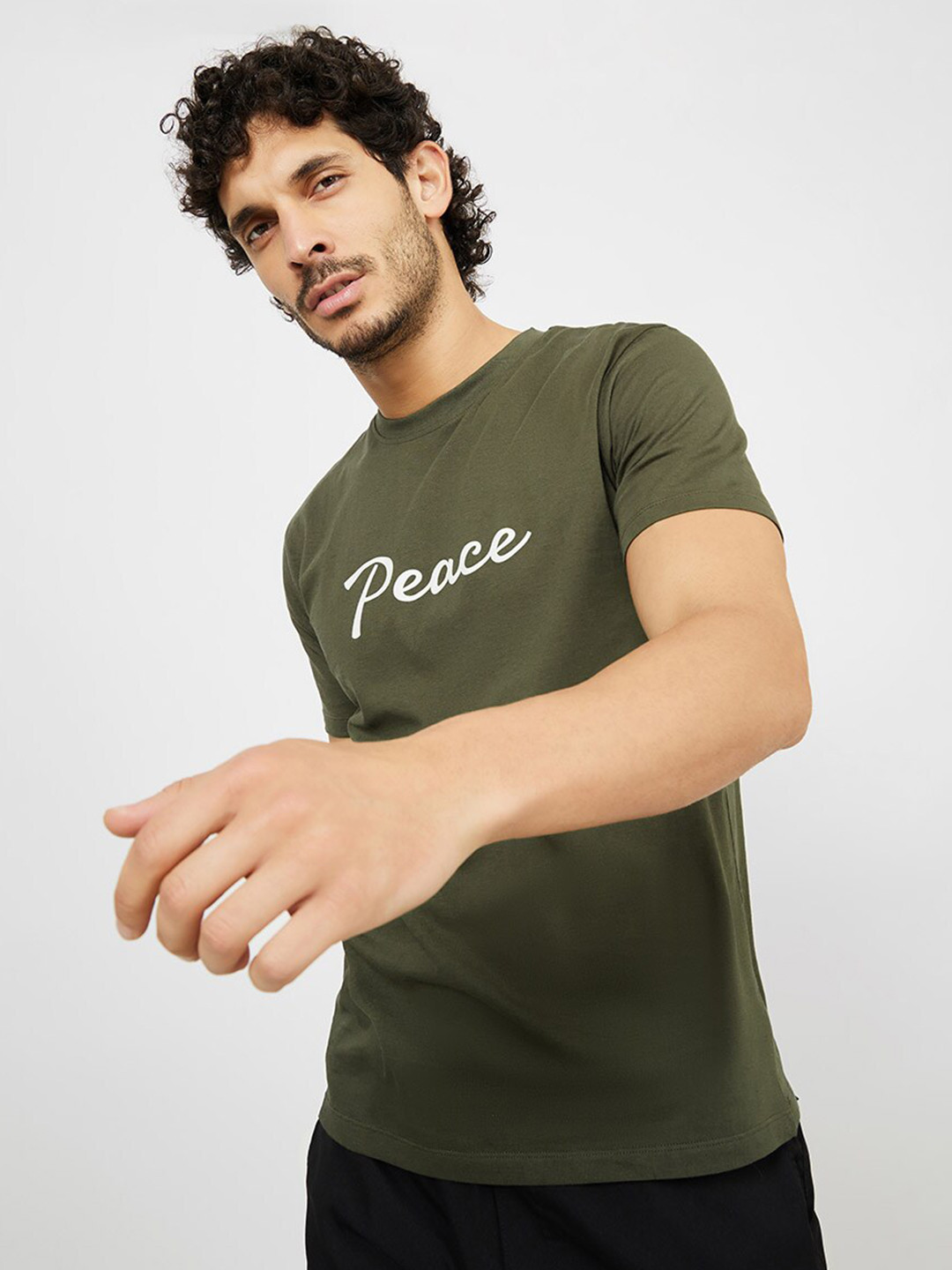 Styli Men Peace Typography Print Knitted Pure Cotton Regular Fit T-Shirt