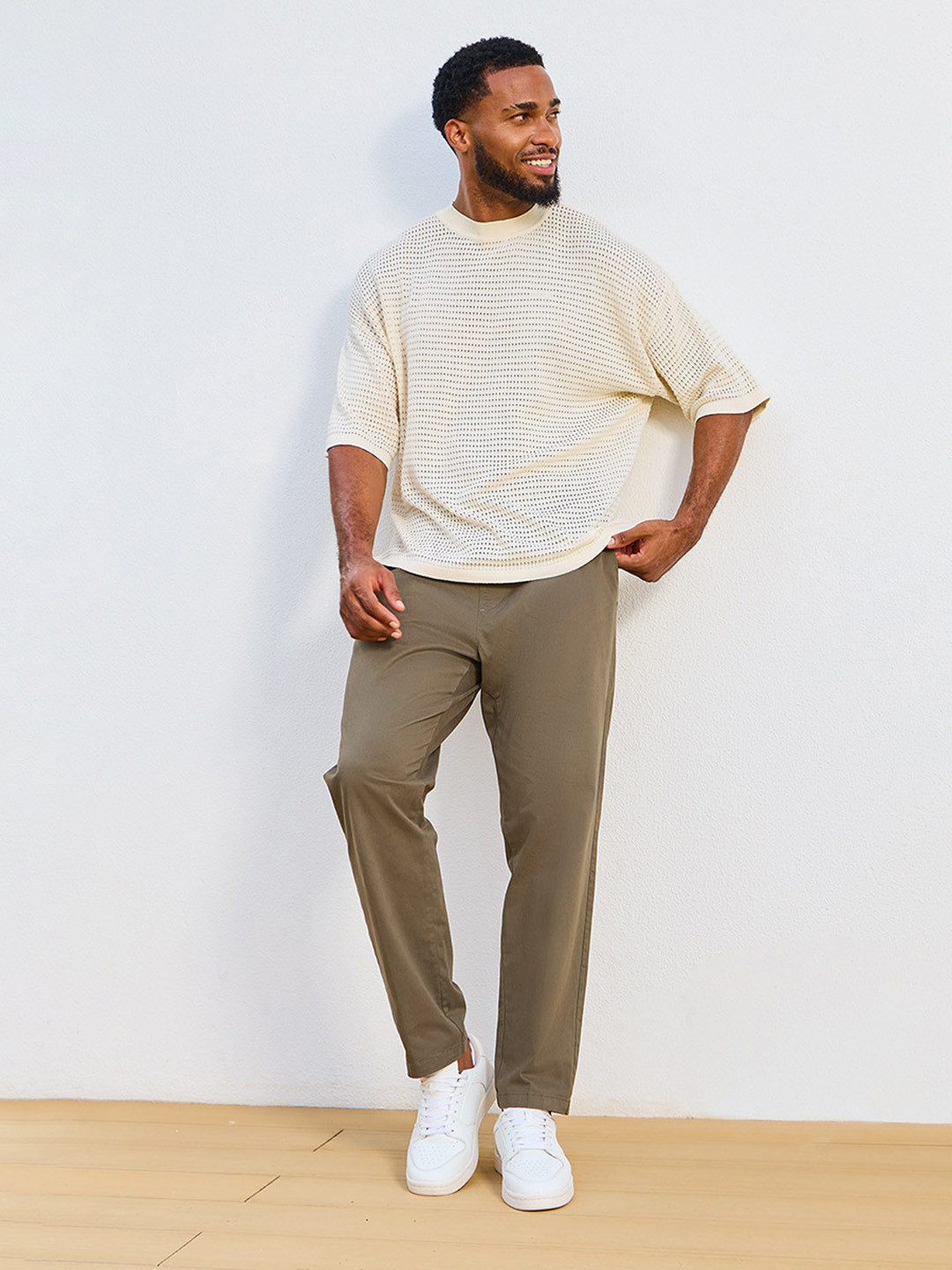 Styli Self Design Drop-Shoulder Sleeves Pointelle Knitted Pure Cotton Oversized T-shirt