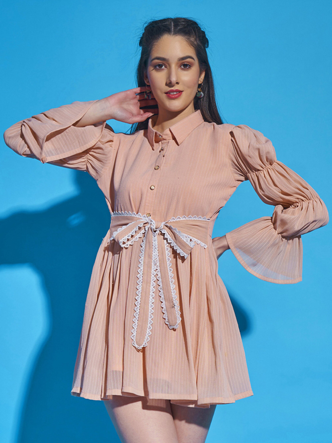 DressBerry Peach Self Design Belted Georgette Shirt Mini Dress