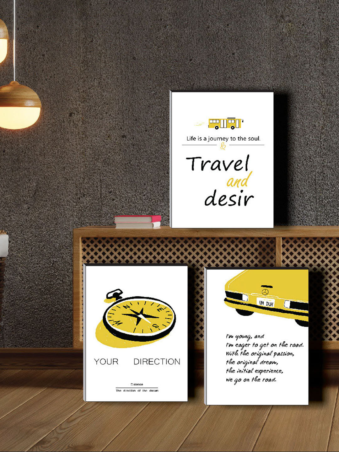 SAF White & Yellow 3 Pieces Motivational Quotes Framed Wall Paintings