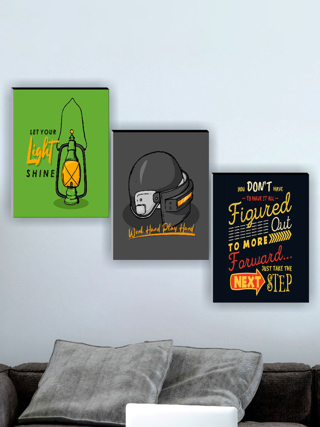 SAF Green & Grey 3 Pieces Motivational Quotes Printed Wall Art