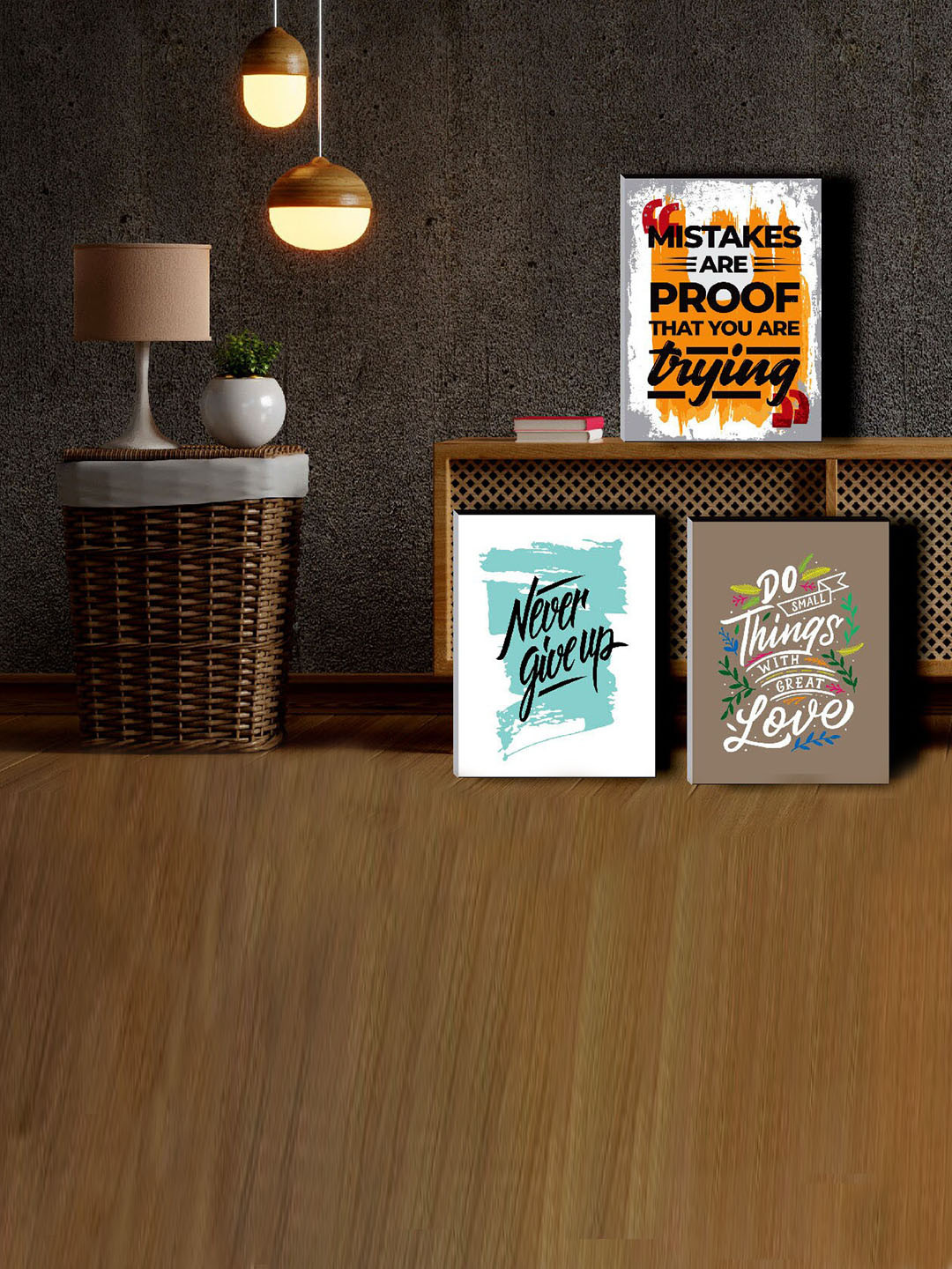 SAF Orange & Blue 3 Pieces Motivational Quotes Framed Wall Painting