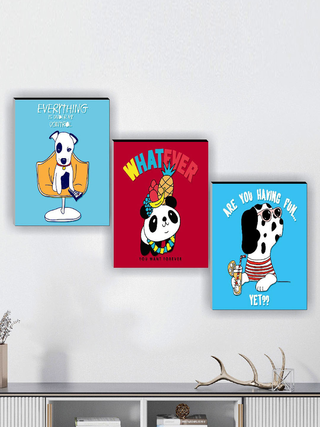 SAF Pink & White 3-Pieces Graphic Printed Framed Wall Art