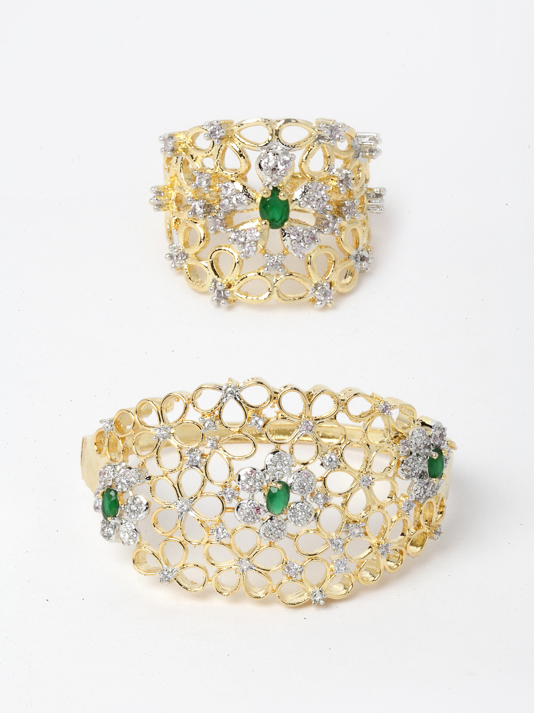 Aazeen Women Gold-Plated American Diamond Bangle-Style Bracelet With Ring