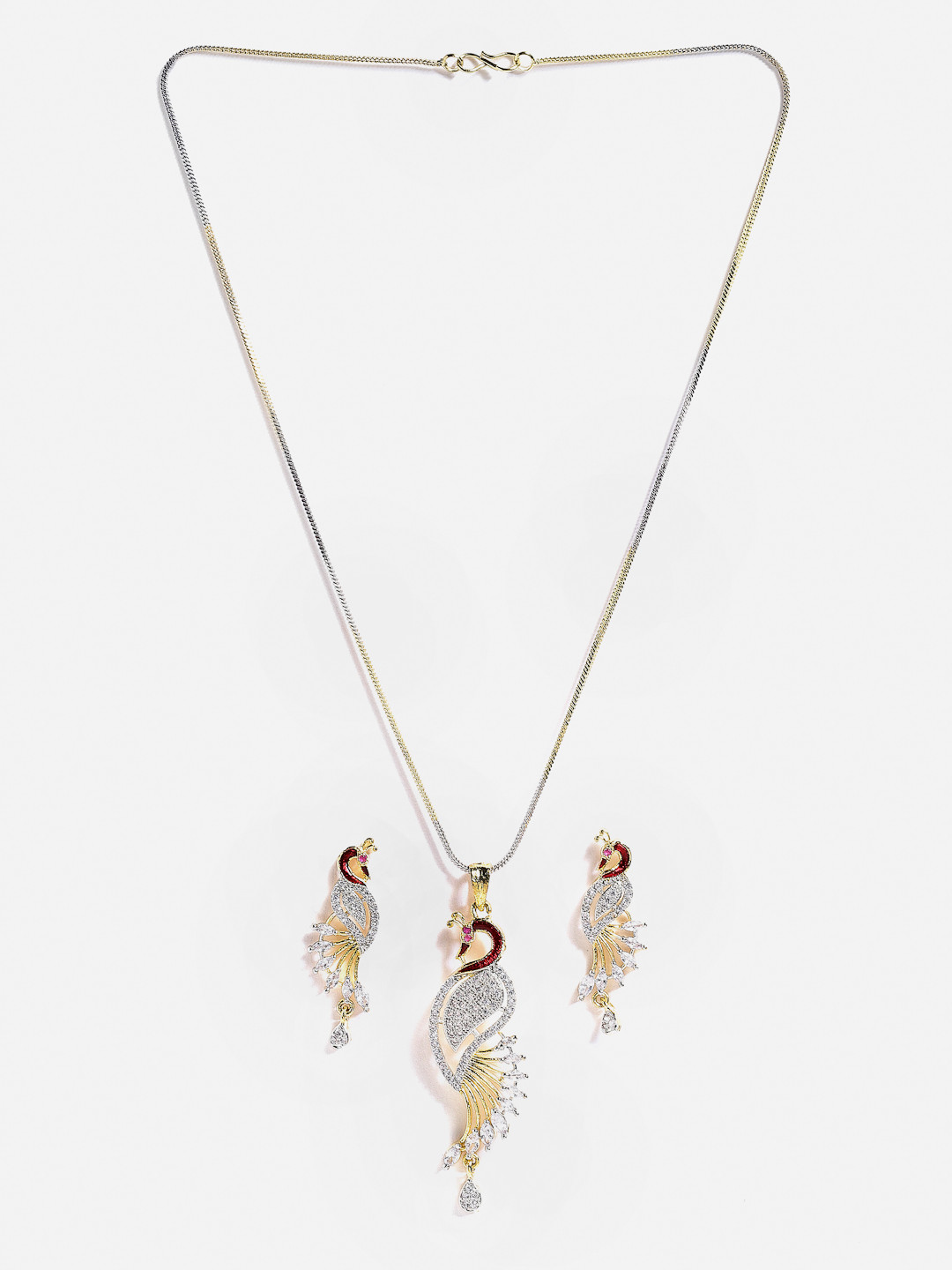 Aazeen Gold-Plated CZ-Studded Peacock Shaped Pendant with Chain & Earrings