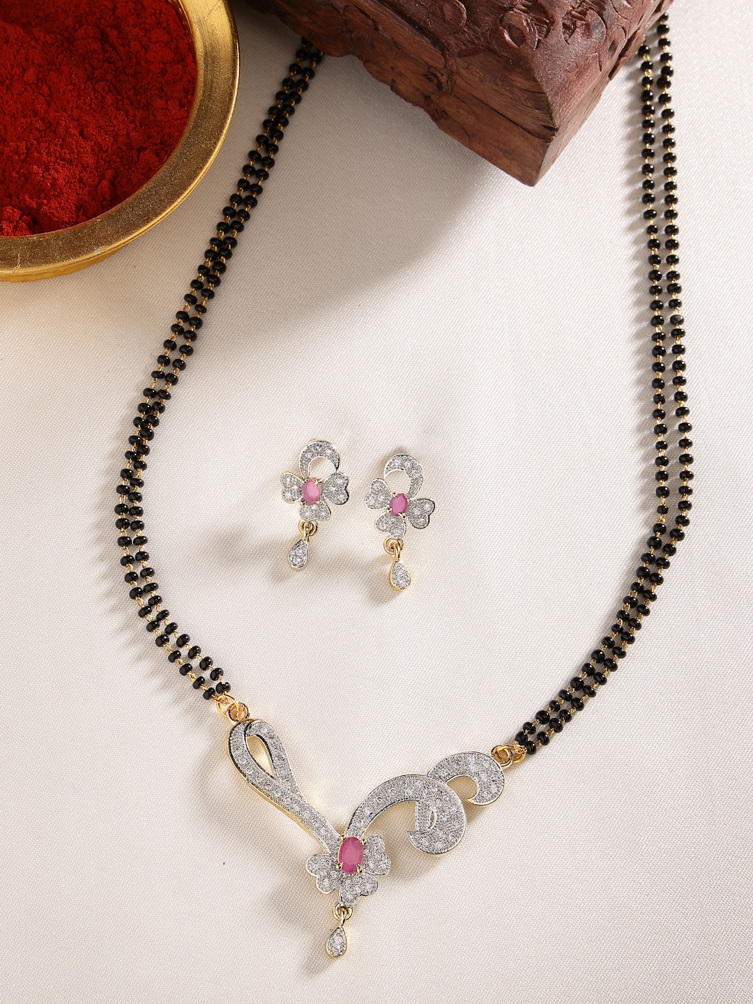 Aazeen Gold-Plated AD-Studded & Beaded Mangalsutra With Earrings