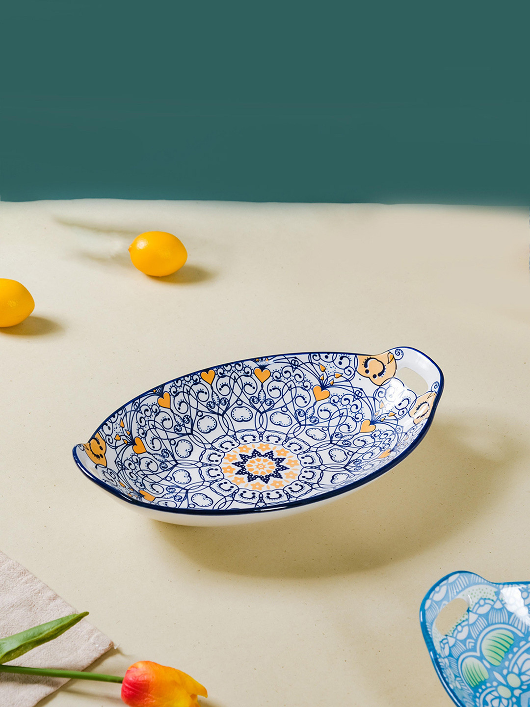 Nestasia White & Navy Blue Mandala Printed Ceramic Serving Tray With Handle