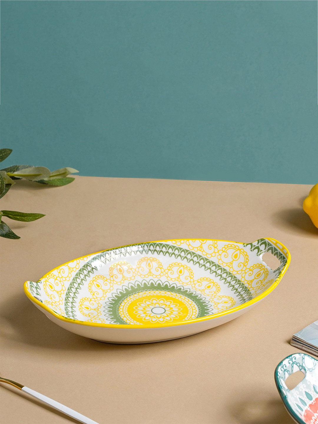 Nestasia Yellow & Green Mandala Printed Ceramic Long Dish With Handle