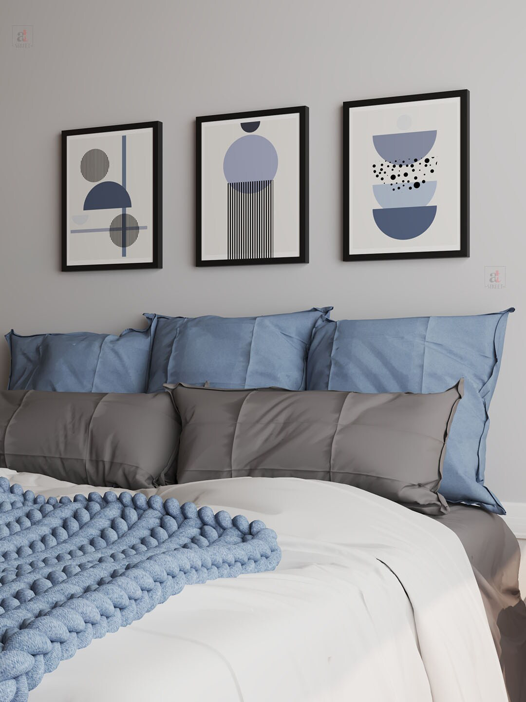 Art Street White & Blue 3-Pieces Geometric Printed Framed Wall Art