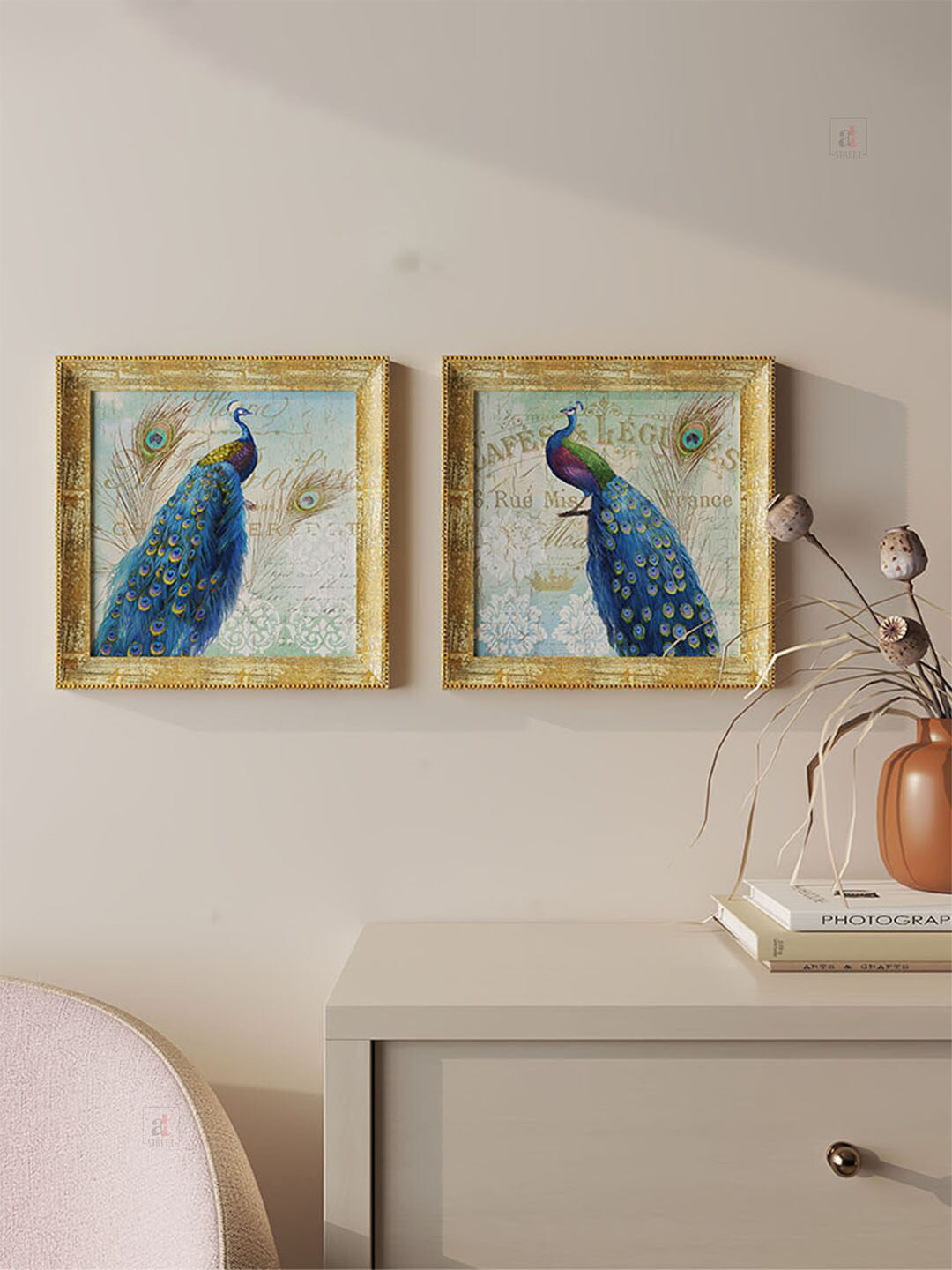 Art Street Beige & Blue 2-Pieces Peacock Printed Framed Wall Art