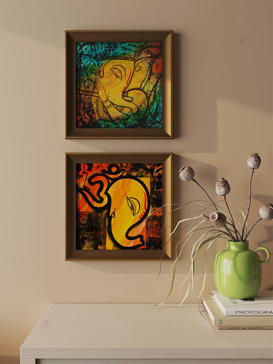 Art Street Lord Ganesha Paper 2 Pcs Wall Living Room Square Paintings Wall Art -15 x 15In
