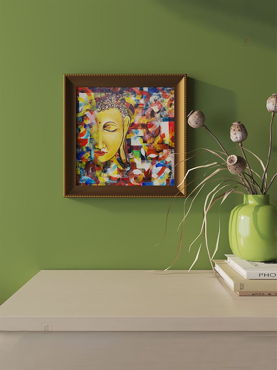 Art Street Mustard & Blue Artistic Lord Buddha Framed Wall Art Painting