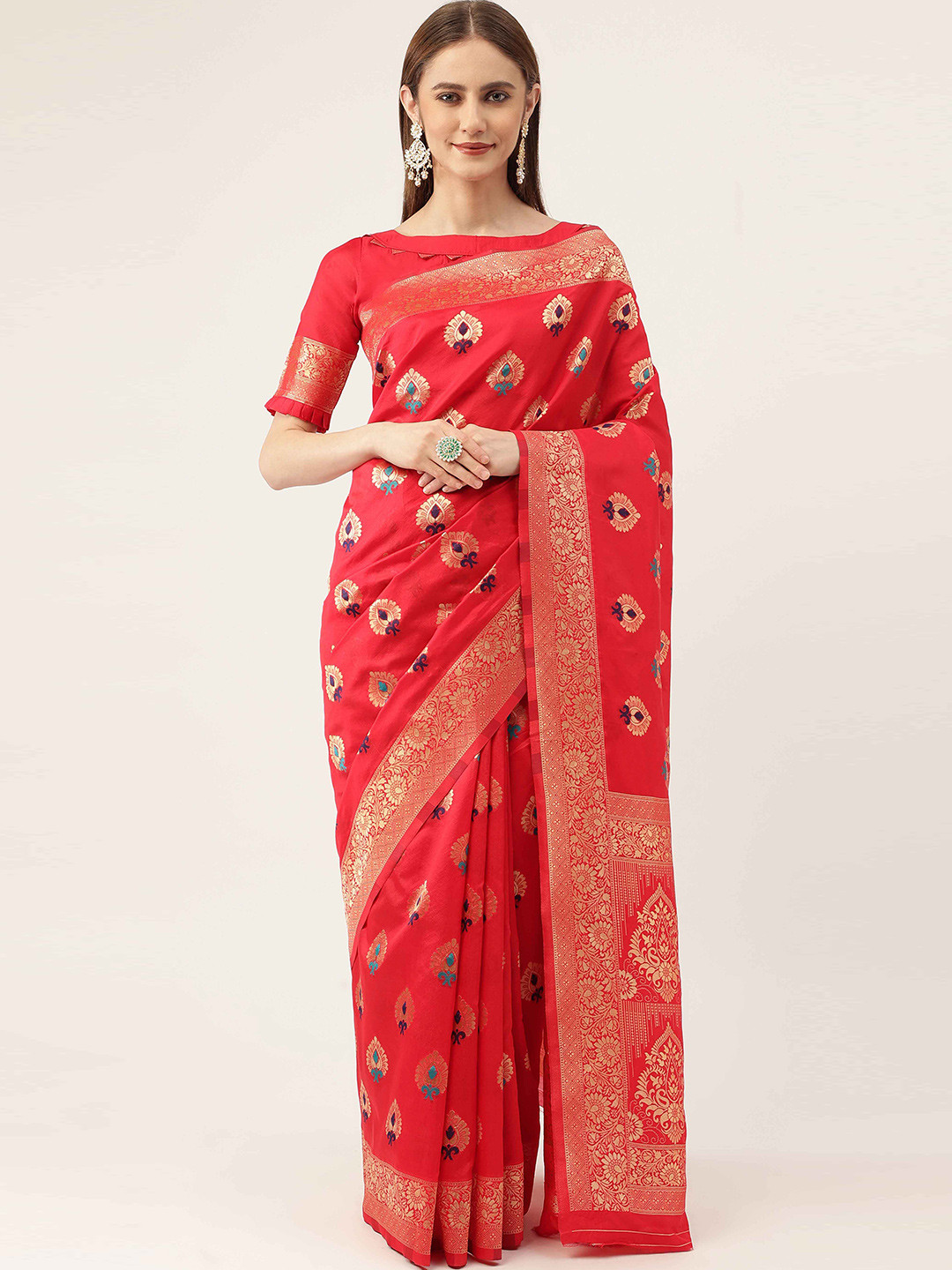 HERE&NOW Red & Gold-Toned Ethnic Woven Design Zari Kanjeevaram Saree