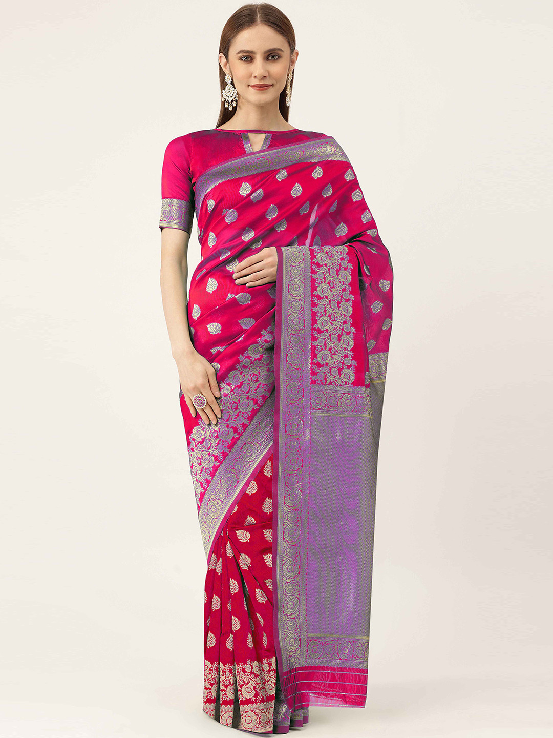 HERE&NOW Pink & Purple Ethnic Woven Design Zari Banarasi Saree