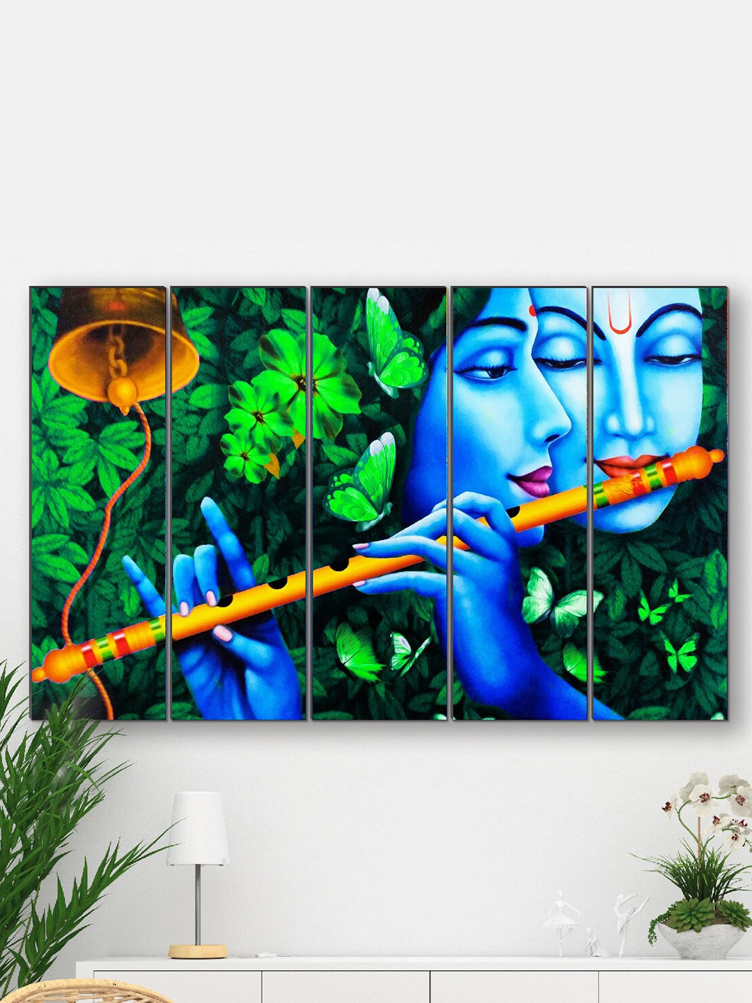 SAF 5 Piece Blue & Green Radha Krishna Painted MDF Wall Art