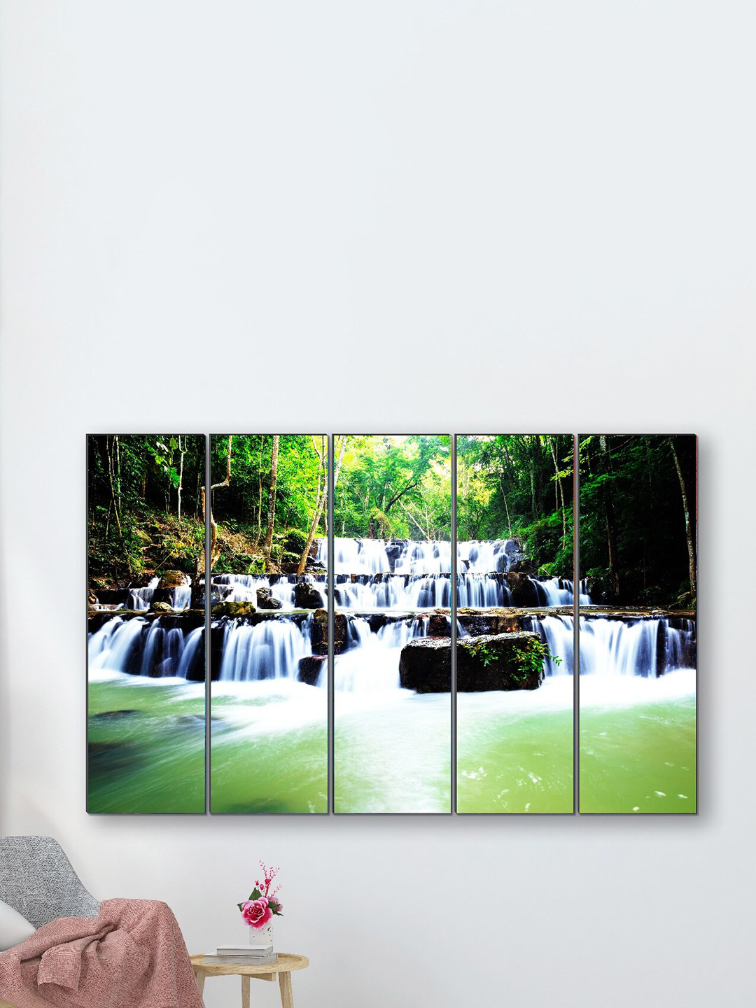 SAF 5 Piece Green & White Waterfall Painting Wall Art